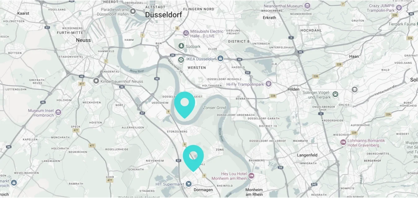 Karte der HealthCLUB Standorte im Raum Düsseldorf und Neuss